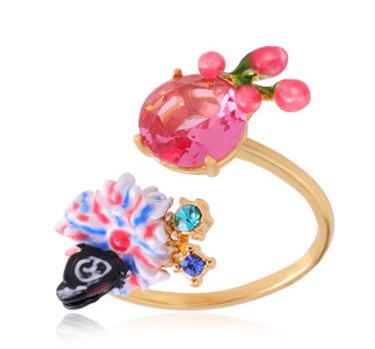 Colorful Flower And Crystal Enamel Adjustable Ring Jewelry Gift