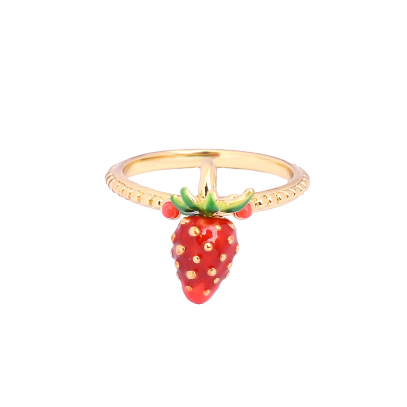 Hand Painted Enamel Strawberry Ring Adjustable Size