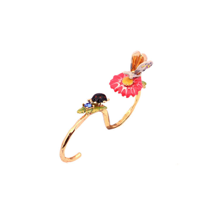 Hand Painted Enamel Three-dimensional Butterfly Dicyclo- Gold Daisy Ring