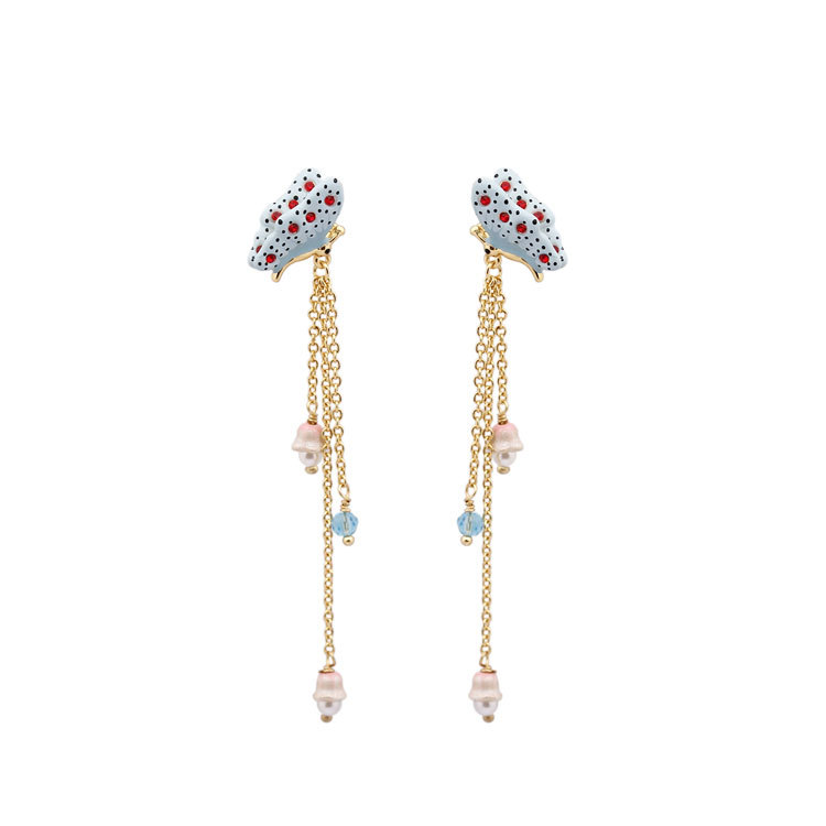 Butterfly With Crystal Long Tassel Enamel Earrings