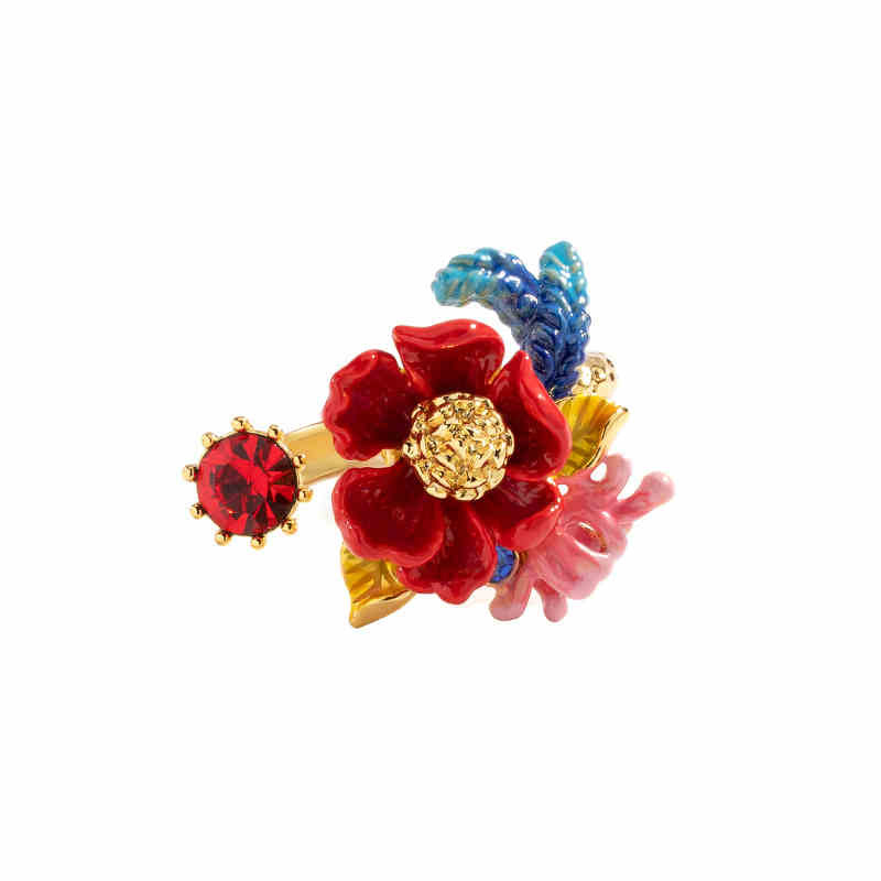 Red Flower And Crystal Enamel Adjustable Ring