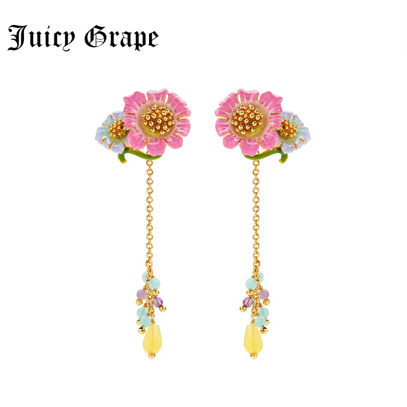 Juicy Grape Hand Painted Enamel Glazed Flower Daisy Eardrops Long Stud Earrings