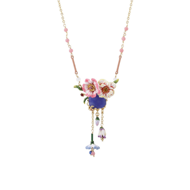 Rabbit on Flower Pendant Enamel Necklace