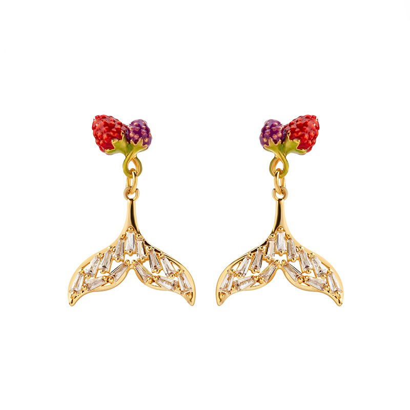 Raspberry Crystal Fishtail Enamel Stud Earrings