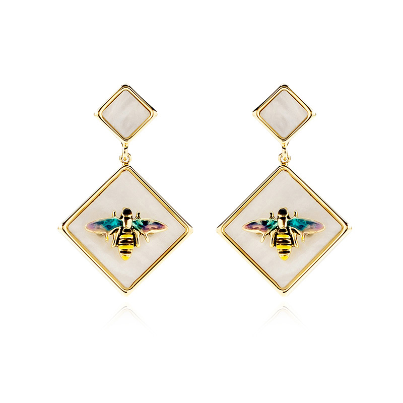 Colorful Bee On Natural Shell  Enamel Dangle Stud Earrings Jewelry Gift