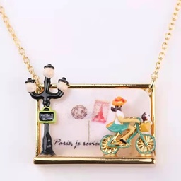 [20081382] Pink Box Envelope With Heart Enamel Necklace Key Pendant With Chains
