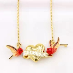 [20081383] Pink Pig With Bow Enamel Necklace Key Pendant With Two Chains