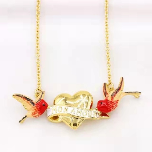 Red Golden Love Bird With Heart Enamel Pendant Necklace Jewelry Gift