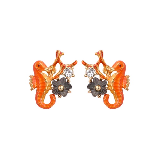 Orange Seahorse Flower And Crystal Enamel Earrings