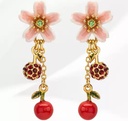 Flower And Cherry Fruit Enamel Earrings