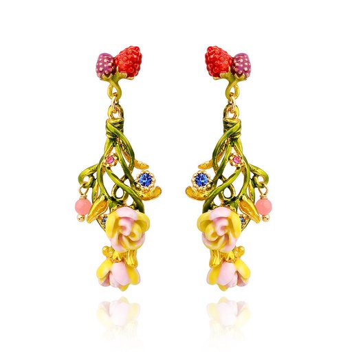 Pink Flower Red Raspberry And Crystal Enamel Dangle Earrings Jewelry Gift