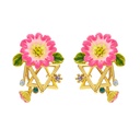 Pink Flower And Crystal Enamel Earrings