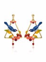 Blue Bird On A Triangular Cherry Branch Enamel Earrings