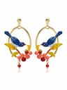 Blue Bird On An Oval Cherry Branch Enamel Earrings