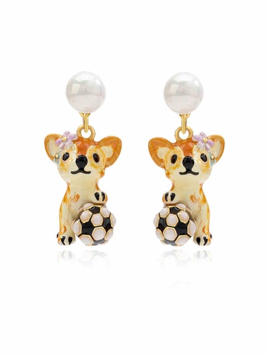 Cute Chihuahua Dog Puppy With Football Pearl Enamel Stud Earrings