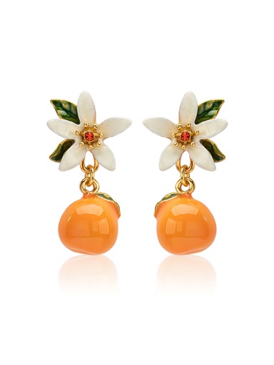 Orange Blossom Flower Enamel Stud Dangle Earrings Jewelry Gift