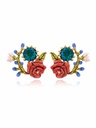 Red Rose On Branch And Crystal Eaneml Stud Earrings