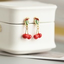 Cherry And Leaf Enamel Stud Dangle Earrings Jewelry Gift