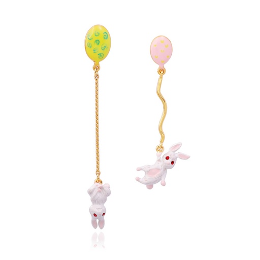 Rabbit Bunny Balloon Asymmetrical Enamel Earrings