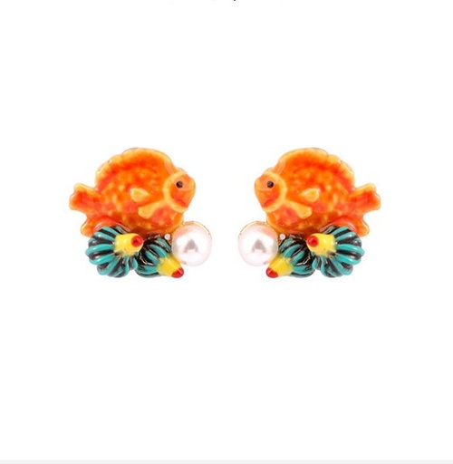 Orange Fish Blue Conch And Pearl Enamel Stud Earrings Jewelry Gift