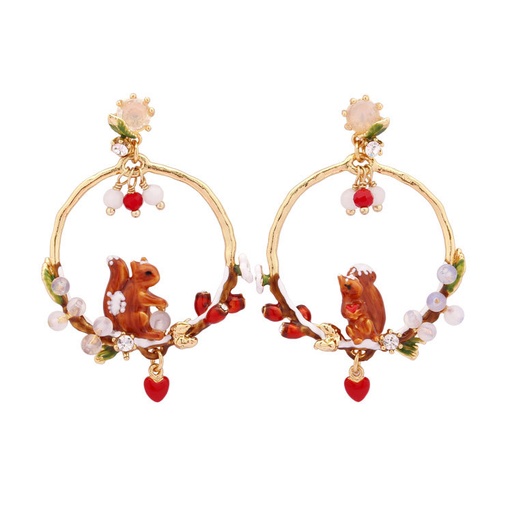 Rabbit Bunny on Flowered Branch Creoles Enamel Earrings