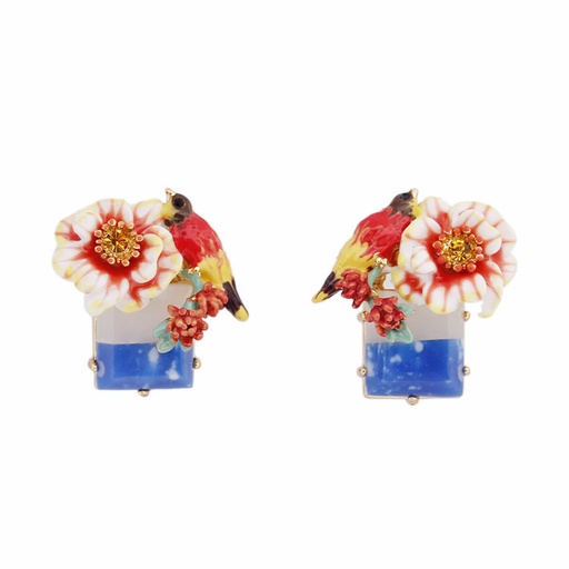 Parrot Flower And Stone Enamel Earrings