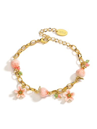 Pink Peach Blossom Flower Enamel Charm Bracelet