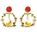 Yellow Chick Chicken White Red Flower Enamel Dangle Earrings Jewelry Gift