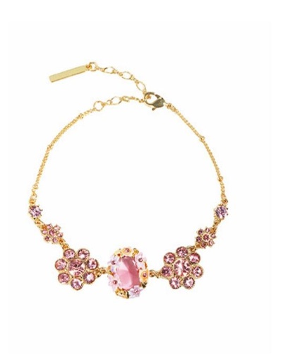 Pink Flower And Crystal Stone Enamel Charm Bracelet