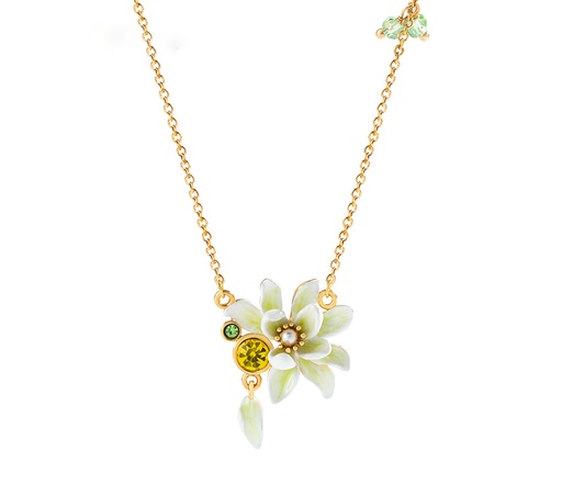 Gardenia Flower With Pearl And Zircon Enamel Necklace