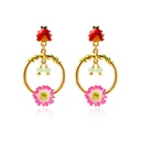 Daisy Flower Circle Ladybug Enamel Stud Clip Earrings