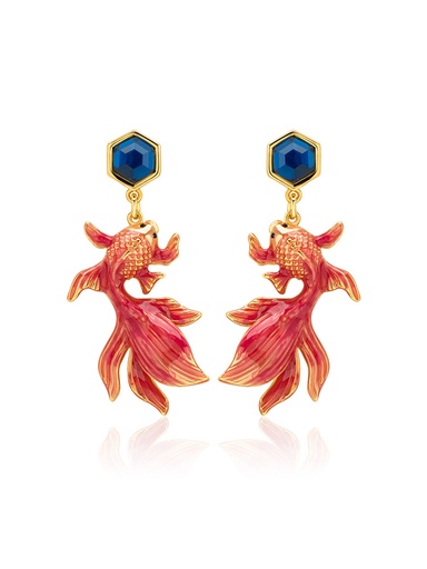 Red Fish Koi And Blue Crystal Enamel Dangle Stud Earrings
