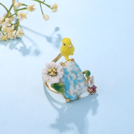 Yellow Parrot Bird And Daisy Stone Enamel Adjustable Ring Jewelry Gift