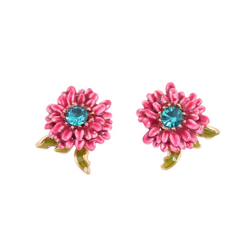 Pink Daisy Flower And Crystal Enamel Stud Earrings