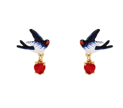 Blue Bird On A Triangular Cherry Branch Enamel Earrings