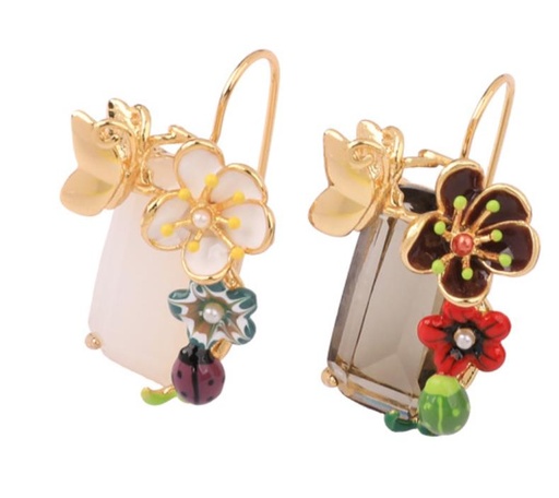 Peony Red Flower And Crystal Enamel Stud Earrings