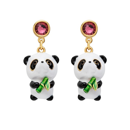 Cute Panda With Bamboo And Crystal Enamel Earrings