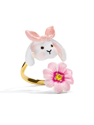 Cute Rabbit Bunny And Flower Enamel Adjustable Ring