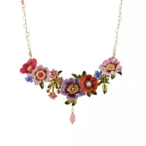 Flower Peony Branch And Crystal Enamel Pedant Necklace