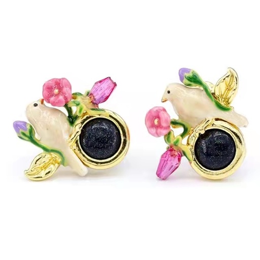 Canary Bird Pink Flower And Black Stone Enamel Earrings