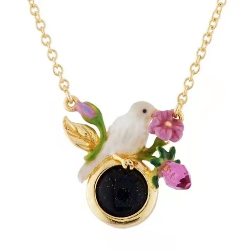 Canary Bird Pink Flower And Black Stone Enamel Necklace