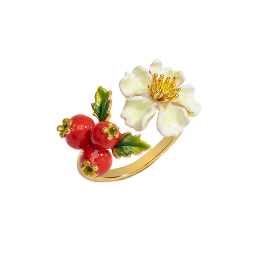 White Flower And Red Fruit Hawthorn Enamel Adjustable Ring Jewelry Gift