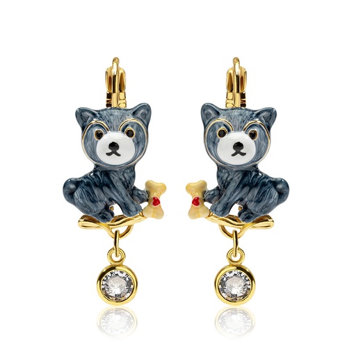 Cute Gray Husky Dog With Bone And Crystal Enamel Hook Earrings