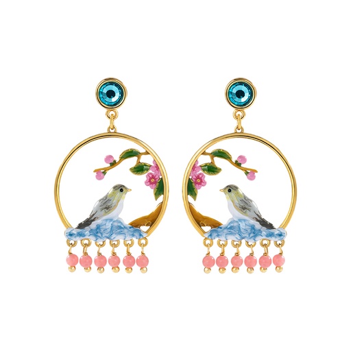 Bird Flower Branch And Bead Crystal Enamel Dangle Stud Earrings