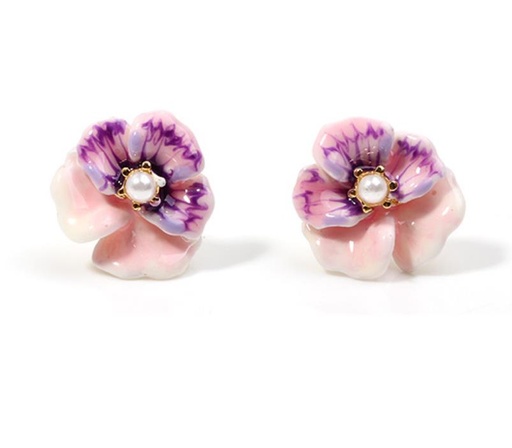 Pansy Pink Purple Flower And Pearl Enamel Earrings