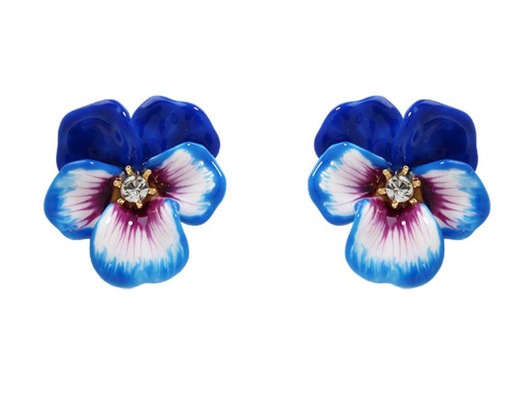 Pansy Blue Flower And Crystal Enamel Earrings