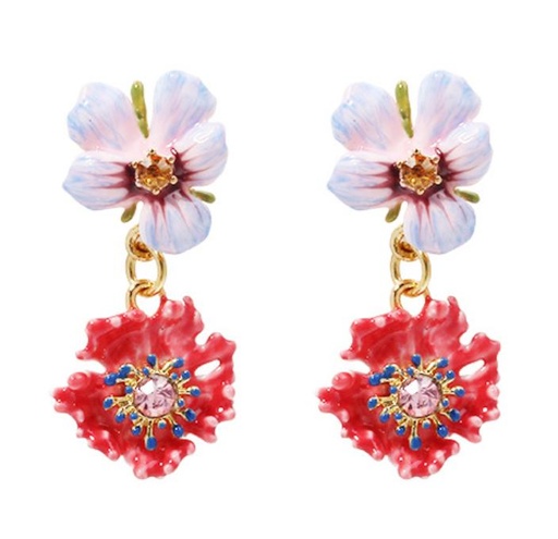 Pansy Red White Flower And Crystal Enamel Dangle Earrings