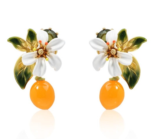 Orange Blossom Flower Leaf Enamel Dangle Stud Earrings Jewelry Gift