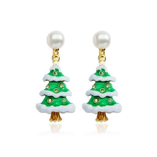 Snow On Christmas Tree And Crystal Eaneml Stud Earrings