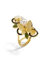 Daisy Flower Butterfly With Crystal And Natural Freshwater Pearl Enamel Adjustable Ring